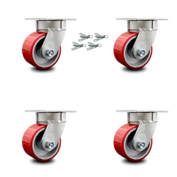 4 Inch Kingpinless Red Poly on Steel Wheel Swivel Caster Set with Swivel Lock